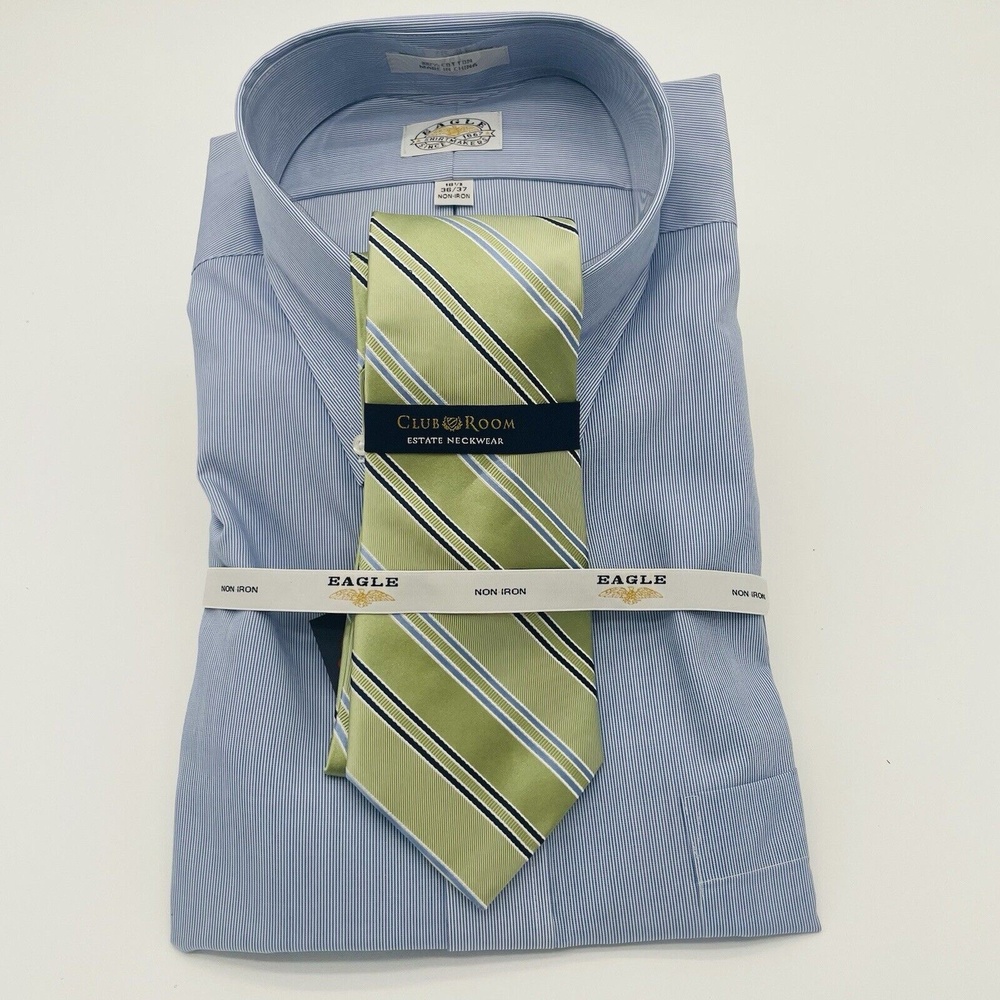 EAGLE Brand Button Dress Shirt OOP HTF 18.5 36-37 Blue No Iron Free Tie XXL